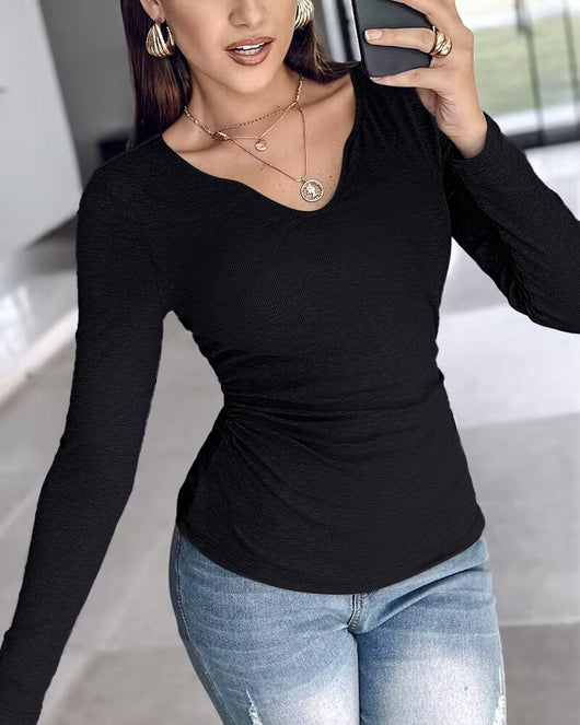 Notch Neck Ribbed Long-Sleeve with Built-In Bra
