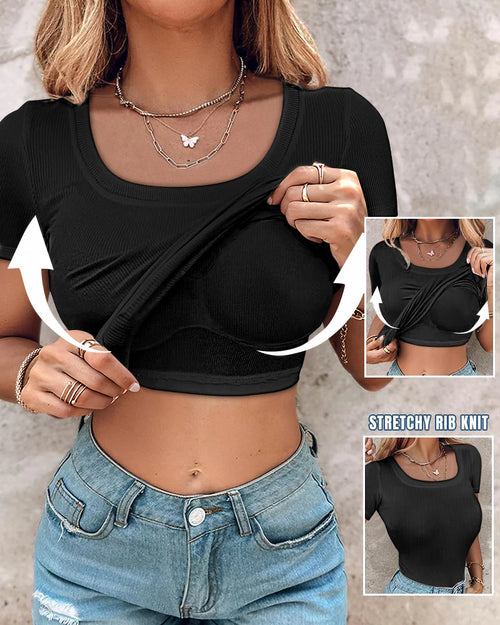 Ribbed Short-Sleeve Sculpt Top with Built-In Bra