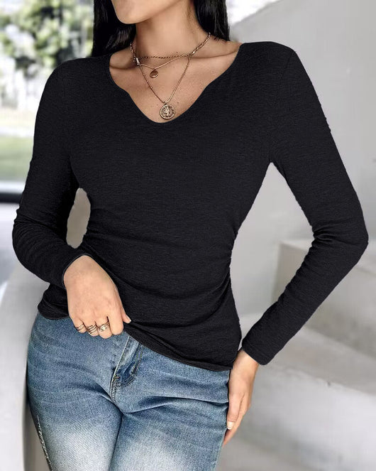 Notch Neck Ribbed Long-Sleeve with Built-In Bra