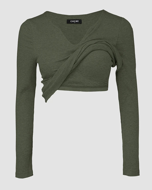 Notch Neck Ribbed Long-Sleeve with Built-In Bra