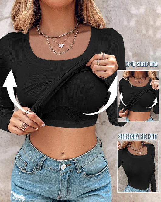 Ribbed Long-Sleeve Sculpt Top with Built-In Bra