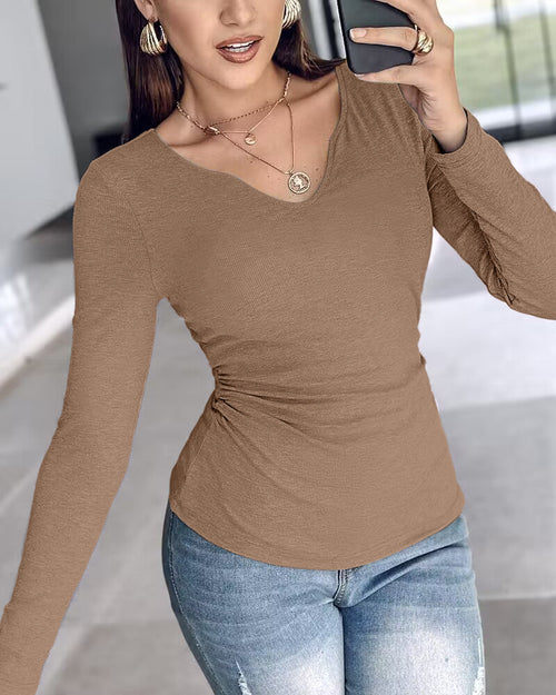 Notch Neck Ribbed Long-Sleeve with Built-In Bra
