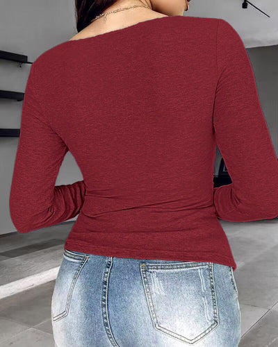 Notch Neck Ribbed Long-Sleeve with Built-In Bra