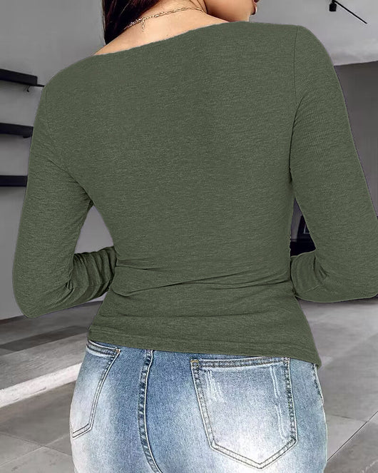 Notch Neck Ribbed Long-Sleeve with Built-In Bra