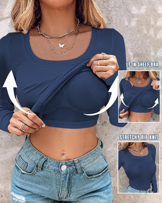 Ribbed Long-Sleeve Sculpt Top with Built-In Bra