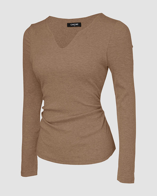 Notch Neck Ribbed Long-Sleeve with Built-In Bra