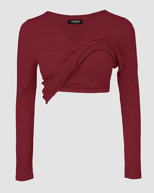 Notch Neck Ribbed Long-Sleeve with Built-In Bra