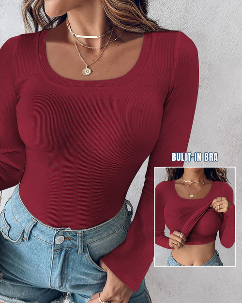 Ribbed Long-Sleeve Sculpt Top with Built-In Bra