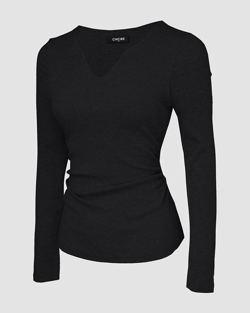 Notch Neck Ribbed Long-Sleeve with Built-In Bra