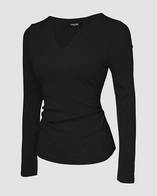 Notch Neck Ribbed Long-Sleeve with Built-In Bra