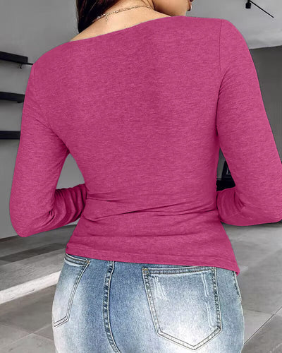 Notch Neck Ribbed Long-Sleeve with Built-In Bra