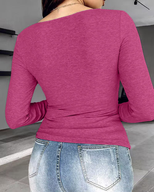 Notch Neck Ribbed Long-Sleeve with Built-In Bra