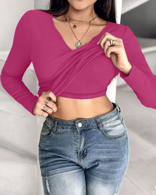 Notch Neck Ribbed Long-Sleeve with Built-In Bra
