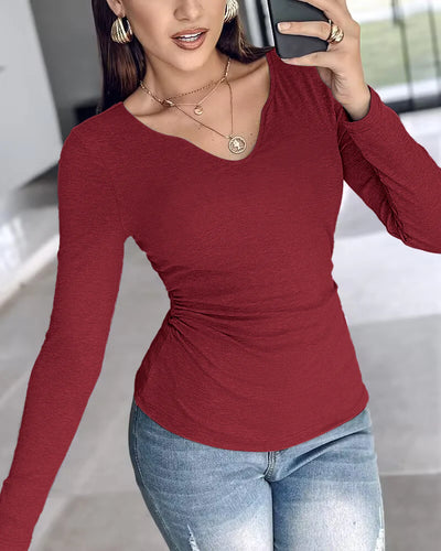 Notch Neck Ribbed Long-Sleeve with Built-In Bra