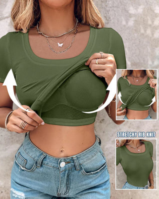 Ribbed Short-Sleeve Sculpt Top with Built-In Bra