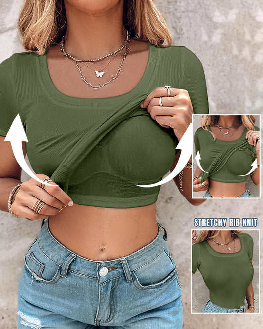 Ribbed Short-Sleeve Sculpt Top with Built-In Bra