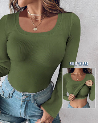 Ribbed Long-Sleeve Sculpt Top with Built-In Bra