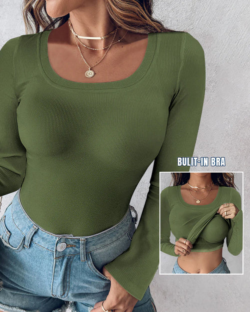 Ribbed Long-Sleeve Sculpt Top with Built-In Bra