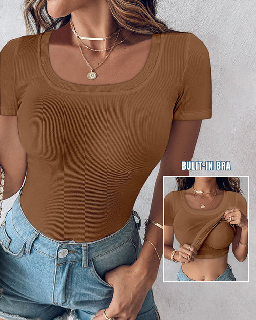 Ribbed Short-Sleeve Sculpt Top with Built-In Bra