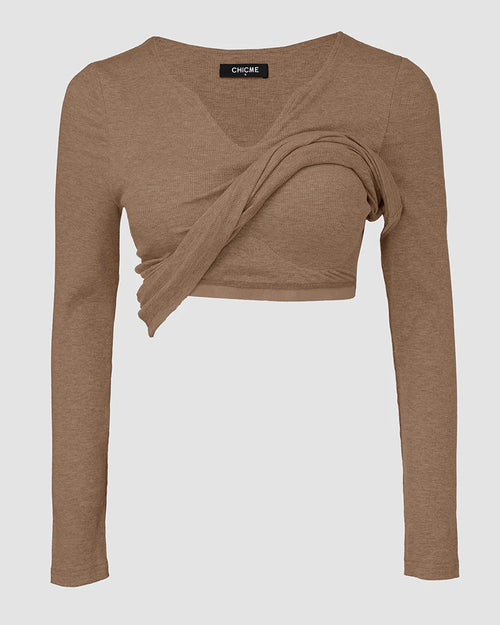 Notch Neck Ribbed Long-Sleeve with Built-In Bra