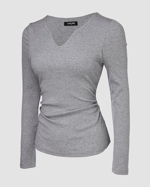 Notch Neck Ribbed Long-Sleeve with Built-In Bra
