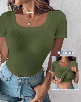 Ribbed Short-Sleeve Sculpt Top with Built-In Bra