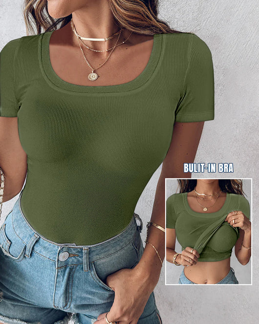 Ribbed Short-Sleeve Sculpt Top with Built-In Bra