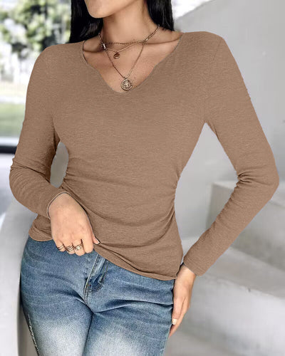 Notch Neck Ribbed Long-Sleeve with Built-In Bra