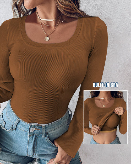 Ribbed Long-Sleeve Sculpt Top with Built-In Bra