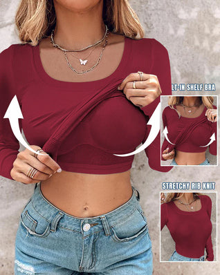 Ribbed Long-Sleeve Sculpt Top with Built-In Bra