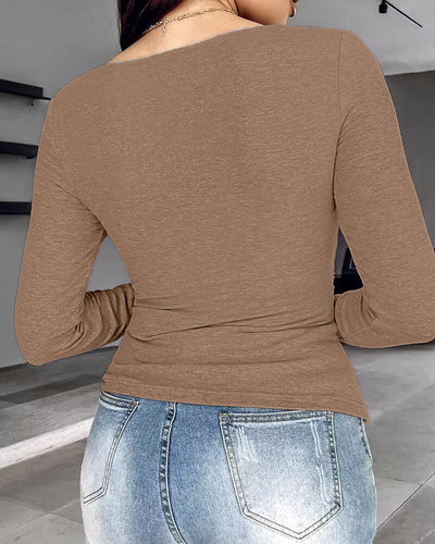Notch Neck Ribbed Long-Sleeve with Built-In Bra