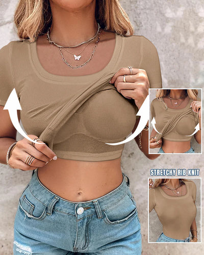 Ribbed Short-Sleeve Sculpt Top with Built-In Bra