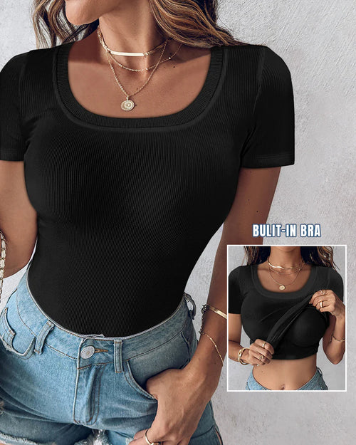 Ribbed Short-Sleeve Sculpt Top with Built-In Bra