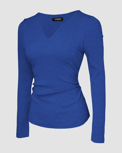 Notch Neck Ribbed Long-Sleeve with Built-In Bra