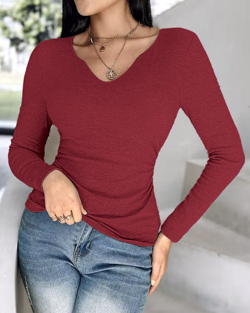 Notch Neck Ribbed Long-Sleeve with Built-In Bra