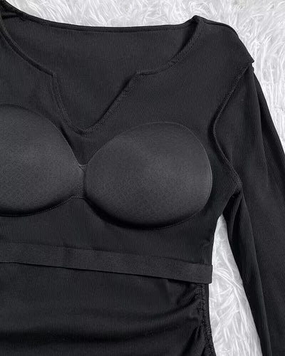 Notch Neck Ribbed Long-Sleeve with Built-In Bra