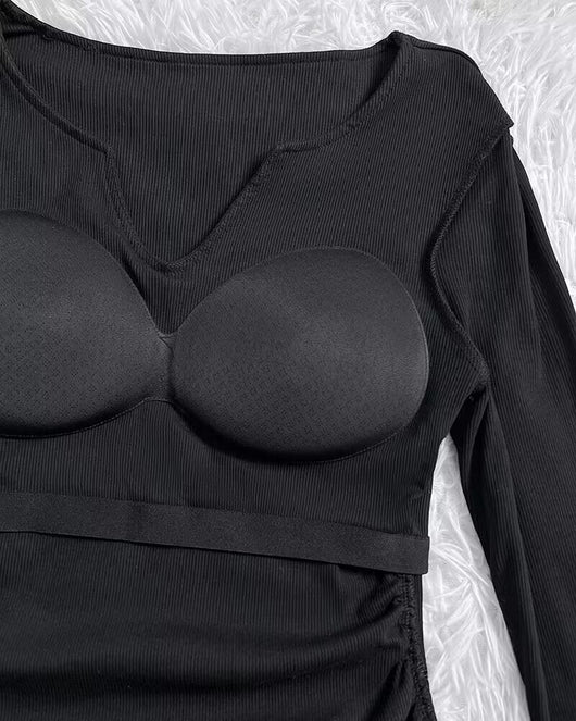 Notch Neck Ribbed Long-Sleeve with Built-In Bra