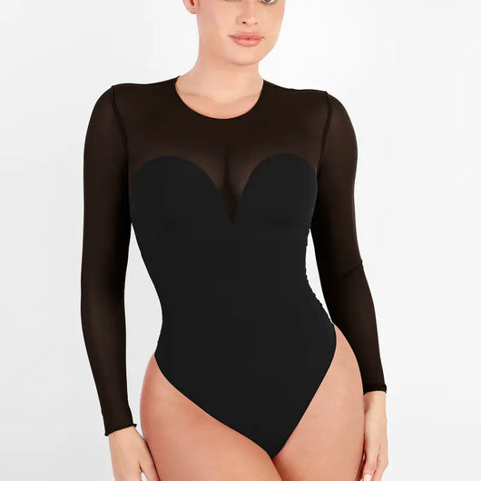 Deep V-Neck Sheer Lace Bodysuit with Built-In Bra & Tummy Control