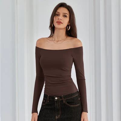 Off-the-Shoulder Long-Sleeve Ribbed Top with Built-In Bra