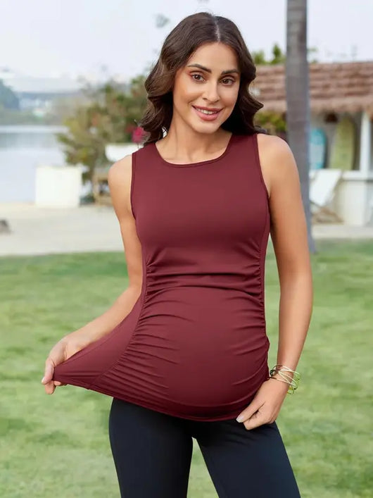 Side Ruched Sleeveless Maternity Tank Top with Built-In Bra