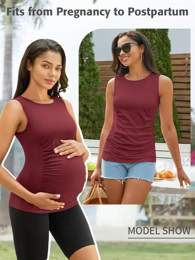 Side Ruched Sleeveless Maternity Tank Top with Built-In Bra