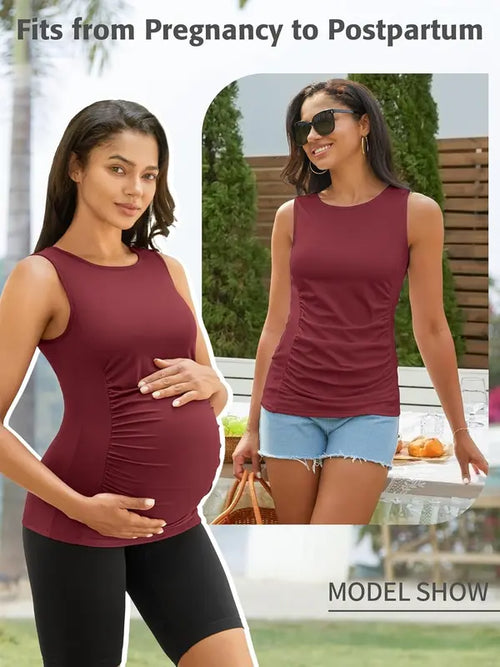 Side Ruched Sleeveless Maternity Tank Top with Built-In Bra