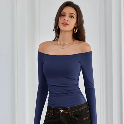 Off-the-Shoulder Long-Sleeve Ribbed Top with Built-In Bra