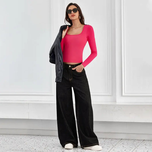 Square Neck Long Sleeve Top with Built-In Bra