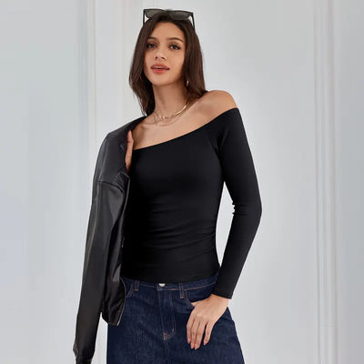 Off-the-Shoulder Long-Sleeve Ribbed Top with Built-In Bra