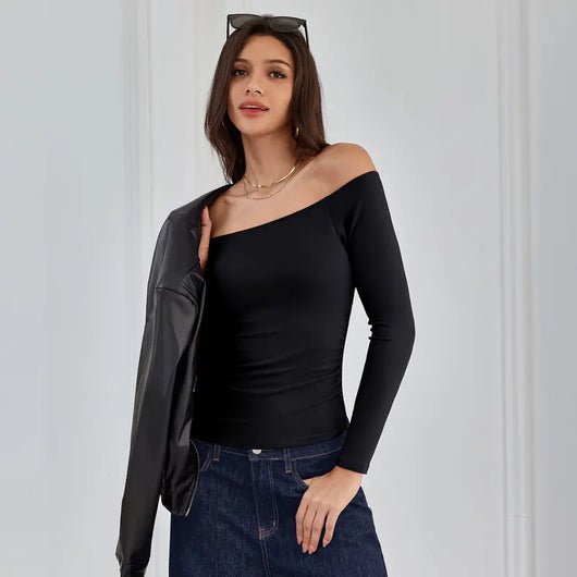 Off-the-Shoulder Long-Sleeve Ribbed Top with Built-In Bra