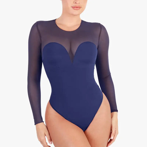 Deep V-Neck Sheer Lace Bodysuit with Built-In Bra & Tummy Control