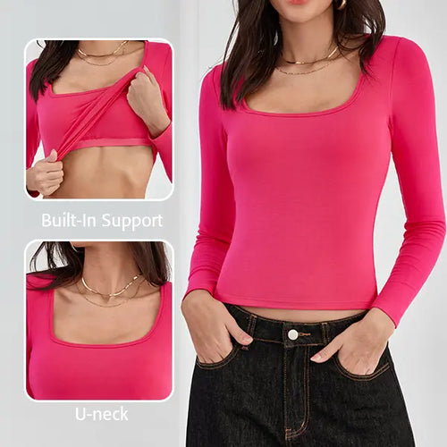Square Neck Long Sleeve Top with Built-In Bra