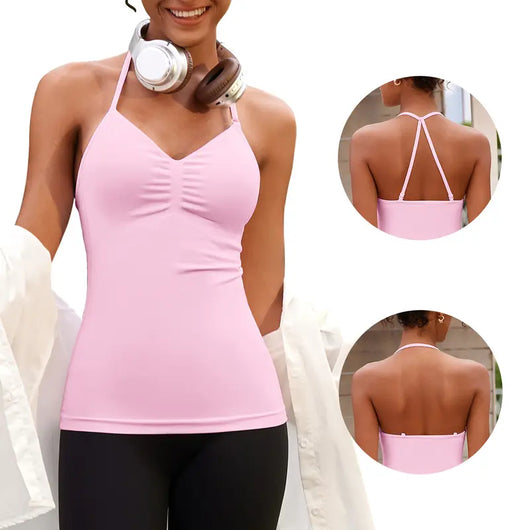 Strappy Backless Workout Tank with Built-In Bra