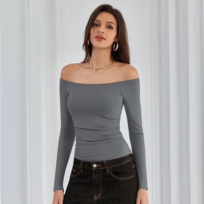 Off-the-Shoulder Long-Sleeve Ribbed Top with Built-In Bra